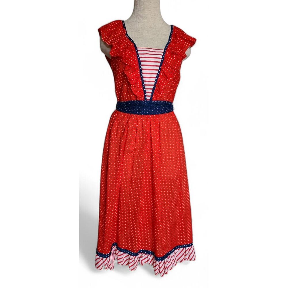 Vintage 70s Americana Polka Dot Dress Sleeveless Ruffle Belt Midi SZ Sm 6